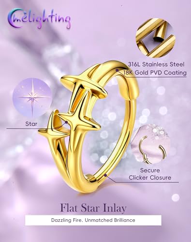 Melighting 20G Gold Nose Ring Hoop Stainless Steel 316L, 8 mm Star Nose Piercing Jewelry Silver Clicker, Beach Party Cartilage Lobe Earring for Daily Wear Women - color: Gold