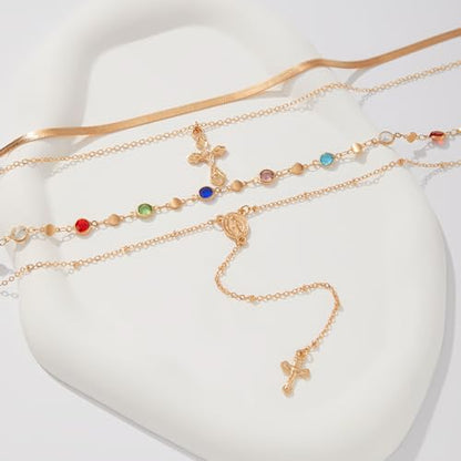 Layered Cross Necklace Set for Women, Layered Choker Necklaces Trendy Jewelry, Colorful Enamel Beaded Y-Shaped Lariat Necklace, Boho Multilayer Cross Necklace for Party and Daily Wear - color: Gold-06
