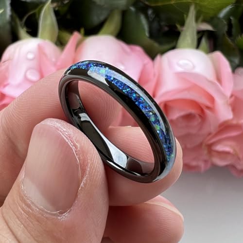 TUTISS 4mm Silver/Black Tungsten Rings for Women Men Engagement Wedding Bands Genuine Blue Green Galaxy Opal Inlay Domed Polished Comfort Fit - color: 4mm Black Tungsten Blue Galaxy Opal