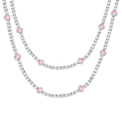 LuxeFlex 4mm Iced Out Four Leaf Tennis Chain,White Gold Plated with 5A Zircon Stones, exquisite Handmade Hip Hop Bling Necklace Perfect Unisex Jewelry Gift - color: White Gold-Pink, size: 16 INCH