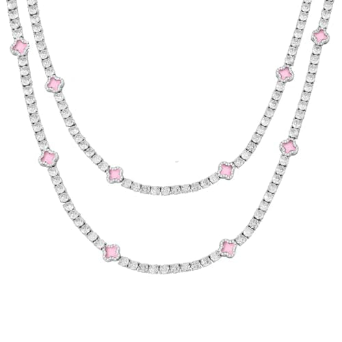 LuxeFlex 4mm Iced Out Four Leaf Tennis Chain,White Gold Plated with 5A Zircon Stones, exquisite Handmade Hip Hop Bling Necklace Perfect Unisex Jewelry Gift - color: White Gold-Pink, size: 18 INCH