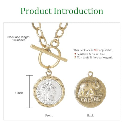 MISS SECRET Chunky Gold Necklaces for Women Coin Statement Necklace Antique Silver and Gold Chain Thick Toggle Pendant Trendy Fashion Jewelry - style: Worn Gold & Sliver