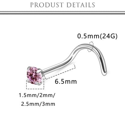 Hoeudjo Hypoallergenic Nose Rings Studs 24G Surgical Stainless Steel Cubic Zirconia Nose Studs for Women Men Screw & Bone & L Shaped Nostril Piercing Jewelry with 1.5mm 2mm 2.5mm 3mm CZ - color: silvertone(pink CZ),screw nose studs