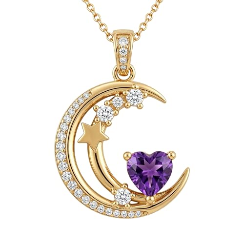 Midari 18K Gold Moon Star Necklace Moon Star Pendant Necklace with 12 Months Birthstones Moons Jewelry Gifts for Women Mom Her - color: 02-February