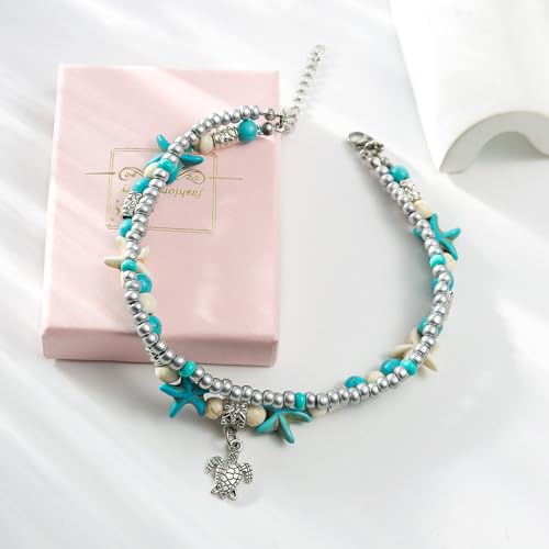Starain Blue Turtle Anklets for Women Multilayer Beads Handmade Beach Ankle Bracelet Set Boho Foot Jewelry - color: Turtle Beaded Anklet