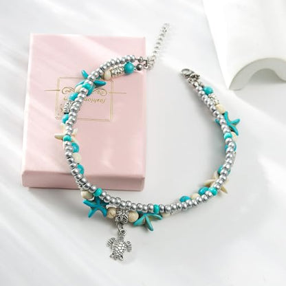 Starain Blue Turtle Anklets for Women Multilayer Beads Handmade Beach Ankle Bracelet Set Boho Foot Jewelry - color: Turtle Beaded Anklet