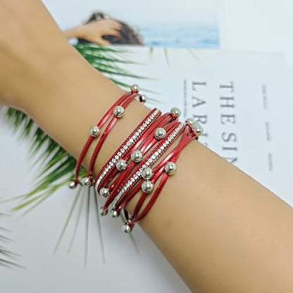 ZMANYIJEW Leather Wrap Bracelets for Women,Boho Cuff Bracelets Multi-Layer Crystal Beads Cuff Bracelet Multilayered Leopard Leather Braided Bangle Wrist Cuff Bangles - style: bead--red
