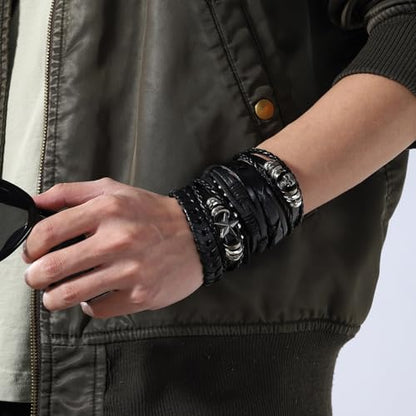 MILAKOO 6Pcs Punk Leather Bracelets for Women Men Braided PU Wristband Skull Skeleton Accessories - color: G: Black