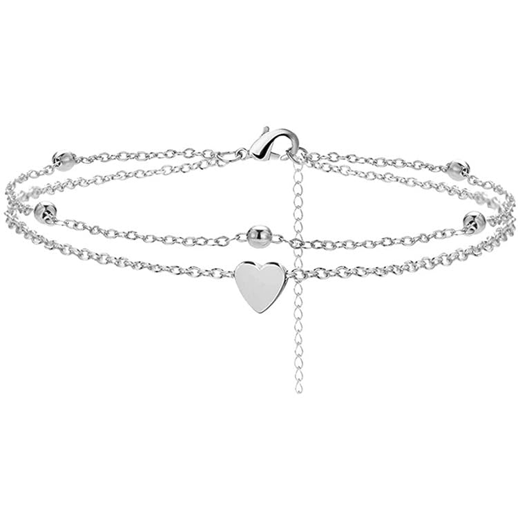 14K Gold Plated Layered Heart Anklet for Women Dainty Double Layer Chain Ankle Bracelet Adjustable Beach Foot Jewelry Gift for Her - color: Silver