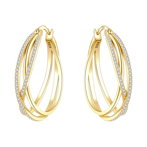 925 Sterling Silver Hoop Earrings for Women, Small and Large Trendy Hoops Hypoallergenic Huggie Earrings Statement Fashion Jewelry Gifts for Sensitive Ear - Double Loop - color: Gold,1.10 in-Large Hoops