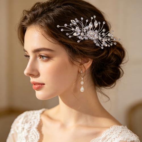 Wedding Hair Comb Pearl Crystal Bridal Hair Piece | Rhinestone Wedding Hair Accessories，Silver Hair Comb Clip for Women Wedding Party - color: Silver-837