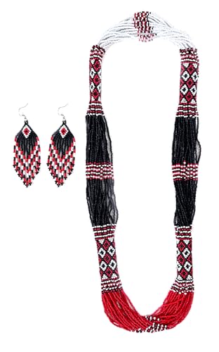 Layered – Boho Native American Style Layered Beaded Necklace– Ukrainian beaded Necklace Native Handmade Seed Bead Necklace Tribal ethnic beaded Necklace for Women (Tuquoise) - color: Rad & black