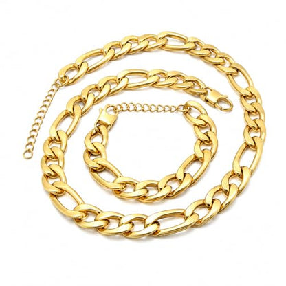 Kemstone Stainless Steel Figaro Cuban Bracelet Necklace Set for Men Women Jewelry - color: Gold 10