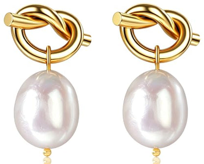 Pearl Earrings VeroSteel Dangle Earrings for Women, Dainty 14k Gold Huggie Hoop Earrings with Pearls, Trendy Pearl Drop Earrings, Stainless Steel Hypoallergenic Stud Earrings For Sensitive Ears - style: Cute Knot B