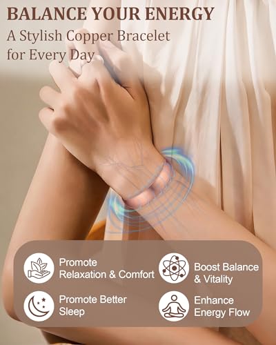 BioMag Pure Copper Bracelet & Ring for Women Men, 99.99% Solid Handmade Copper Cuff Bangle, Adjustable Jewelry Gift with Gift Box - color: Rose Gold (Shine)