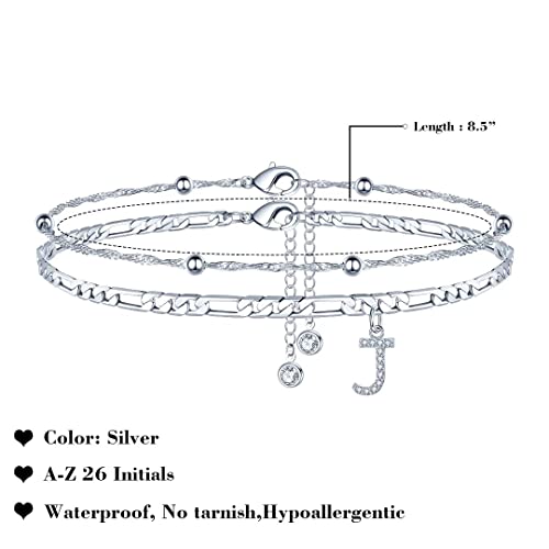 Ankle Bracelets for Women, 14K Gold Plated Dainty Layered Chain CZ Initial Anklets Summer Jewelry Gifts for Women - style: J-Silver