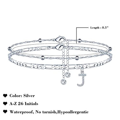 Ankle Bracelets for Women, 14K Gold Plated Dainty Layered Chain CZ Initial Anklets Summer Jewelry Gifts for Women - style: J-Silver