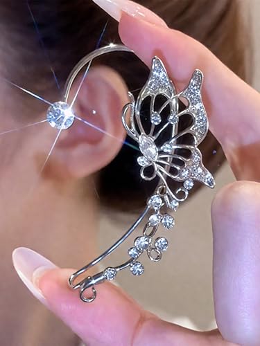 2Pcs Rhinestone Butterfly Earrings Ear Cuffs Non-Pierced Fake Earrings Butterfly Climber Wrap Around Earring Dainty Adjustable Ear Clip Jewelry for Women - color: StyleB-2 Pairs-Silver