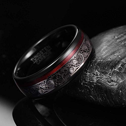 Vakki 8mm Black Tungsten Ring for Men with Celtic Spiral and Red Guitar String Inlaid Wedding Band Comfort Fit Size 7-12.5