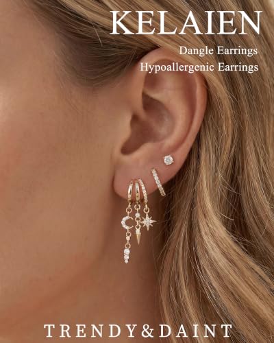 Dangle Gold Earrings for Women Trendy Triple Huggie Chain Earrings 14K Gold Plated Statement Cute Drop Dangle Earrings Dainty Hypoallergenic Chunky Hoop Earrings Fun Earring Stacks Jewelry - color: B-Star Moon Earrings