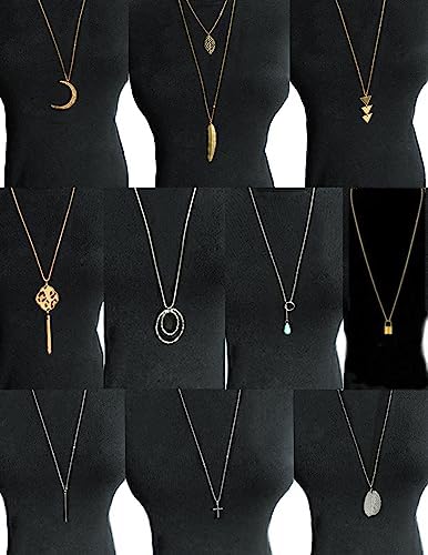 10Pcs Long Pendant Necklace Simple Moon Bar Three Triangle Tassel Lock Sweater Y Shape Punk Chain Choker Necklace for Women Men Gold Silver Plated - style: F:10Pcs (Traingle)