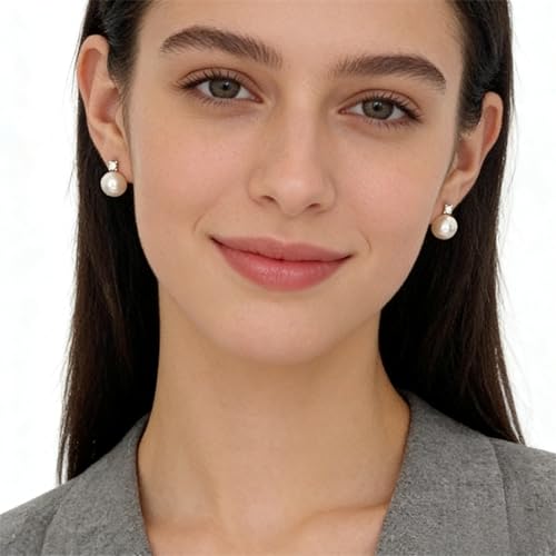 Faux Pearl Cubic Zirconia Stud Earrings, Hypoallergenic Lightweight Round Pearl Studs for Women - color: White, size: Pearl 10mm-CZ 3mm