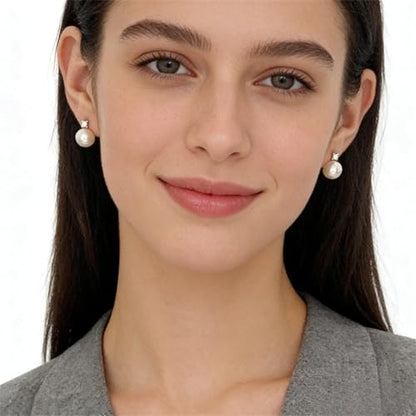 Faux Pearl Cubic Zirconia Stud Earrings, Hypoallergenic Lightweight Round Pearl Studs for Women - color: White, size: Pearl 10mm-CZ 3mm