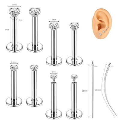 18G/16G Labret Jewelry Surgical Steel Internal Thread | CZ Stud, Lip Nose Piercing Studs, Flat Back, Medusa Monroe Lip Cartilage Earring, 2/2.5/3/4mm CZ - color: 16G,8mm-bar,2/2.5/3/4mm-CZ,Silver
