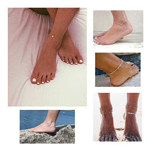 Softones 16Pcs Ankle Bracelets for Women Gold Silver Two Style Chain Beach Anklet Bracelet Jewelry Anklet Set,Adjustable Size - color: A:Silver