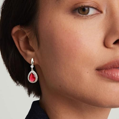 THUNARAZ Clip on Dangle Earrings for Women, Rhinestone Wedding Prom Jewelry | Clip Earrings Non-Pierced, Teardrop Dangle Earrings, Crystal Drop Earrings, Elegant Rhinestone Jewelry for Bride Bridesmaid - color: Silver Tone/Red Stone