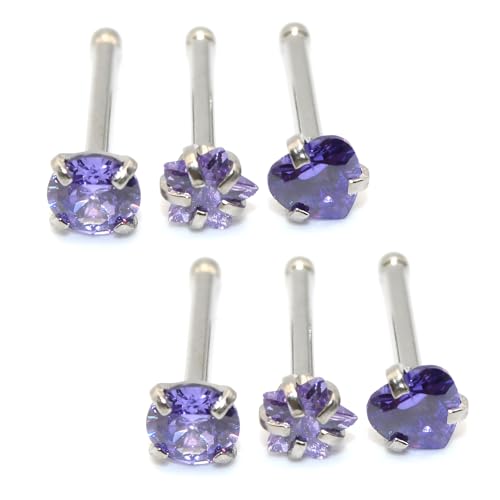 6-Piece Nose Piercing Studs Set, 20G Stainless Steel Nose Studs, 3mm Crystal Heart Star Round Shapes, 0.8x7mm Bone - color: Purple