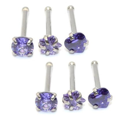 6-Piece Nose Piercing Studs Set, 20G Stainless Steel Nose Studs, 3mm Crystal Heart Star Round Shapes, 0.8x7mm Bone - color: Purple