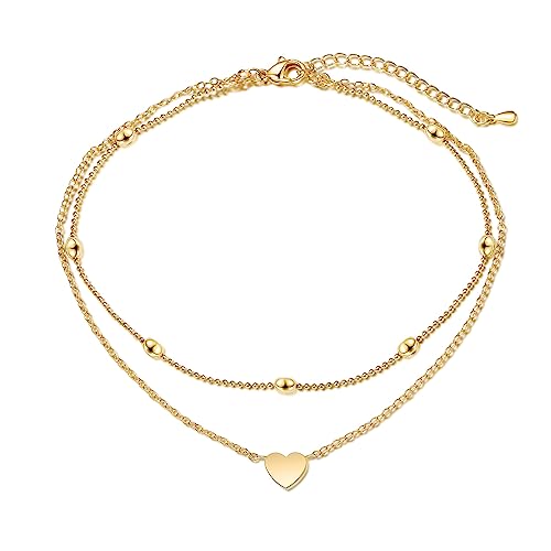 Pencros Dainty Layered Anklet,14K Gold Filled Cute Beads Satellite Chain Heart Boho Adjustable Anklets for Women - color: Layer Heart Gold