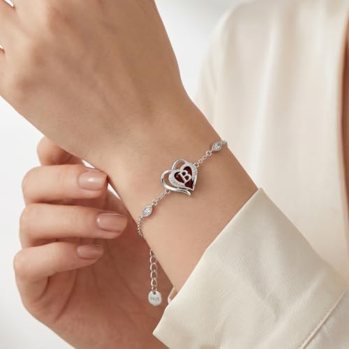 Initial Bracelet for Women 925 Sterling Silver Heart Angel Wings Initial Bracelet Anniversary Birthday Mothers Day Jewelry for Mom Her Wife - color: B