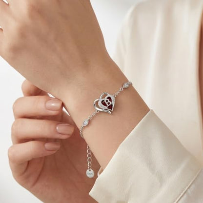 Initial Bracelet for Women 925 Sterling Silver Heart Angel Wings Initial Bracelet Anniversary Birthday Mothers Day Jewelry for Mom Her Wife - color: B