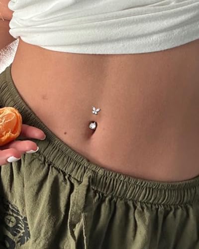 COCHARM 14G Butterfly Belly Button Rings Stud Silver Belly Navel Rings for Women Clear Belly Piercing Jewelry Stainless Steel