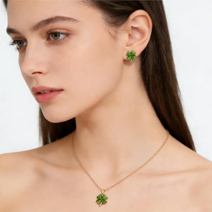 Gold Silver Stud Earrings Pendent Necklace Sets for Women, Dainty Rhinestone Crystal Necklace Earing Jewelry Set Wedding Accessories Fashion Holiday Gift - color: Green Four Leaf Clover St. Patrick's Day