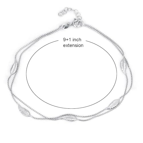 Vanbelle Genuine Sterling Silver Jewelry - Rhodium Plated with 925 Stamp - Designer Leaf Anklet - Elegant handcrafted Double layered Chain Anklet for Women - 9" long + 1" extender