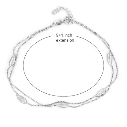 Vanbelle Genuine Sterling Silver Jewelry - Rhodium Plated with 925 Stamp - Designer Leaf Anklet - Elegant handcrafted Double layered Chain Anklet for Women - 9" long + 1" extender