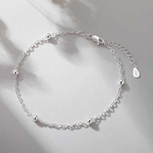 925 Sterling Silver Chain Bracelet, Beaded Satellite Chain Fine Jewelry for Women Holiday Gift with Flannel Bag Adjustable 6.5-8 Inches - color: 6.5 IN