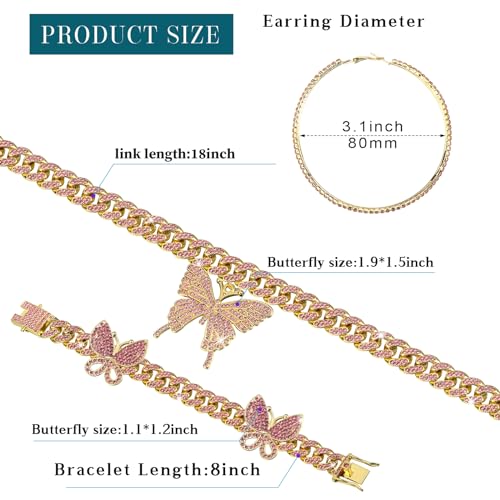 3 Pcs Butterfly Cuban Jewelry Set Cuban Link Chain Necklace for Women Rhinestone Pendant Necklace Bracelet Large Hoop - color: Pink, Gold, style: Classic