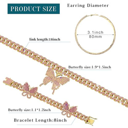 3 Pcs Butterfly Cuban Jewelry Set Cuban Link Chain Necklace for Women Rhinestone Pendant Necklace Bracelet Large Hoop - color: Pink, Gold, style: Classic