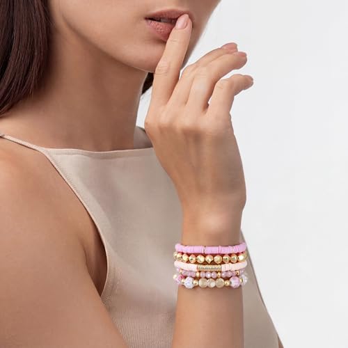 Summer Surfer Heishi Bracelet Set for Women Stackable Gold Plated Clay Ploymer Bead Stretch Pink Beach Layering Bracelets Jewelry - color: B-A3