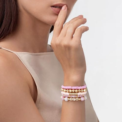 Summer Surfer Heishi Bracelet Set for Women Stackable Gold Plated Clay Ploymer Bead Stretch Pink Beach Layering Bracelets Jewelry - color: B-A3