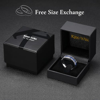King Will Mens Wedding Band with Foils Inlay, Black/Silver/Gold Beveled Edge Glowstone Ring, 6mm/8mm Tungsten Carbide Rings Comfort Fit - color: Silver&Blue-6mm