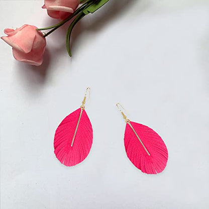 GBAHFY Feather Leather Layered Fringe Earrings for Women Boho Genuine Lightweight Leather Leaf Tassel Dangle Statement Earrings with Metal Bar - color: Rose Red