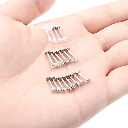 SCERRING 9 Pairs 16g Stainless Steel Clear Cubic Zirconia Labret Monroe Lip Tragus Cartilage Helix Earring Ring Body Piercing Jewelry 8mm - color: 9 Pairs - Silver