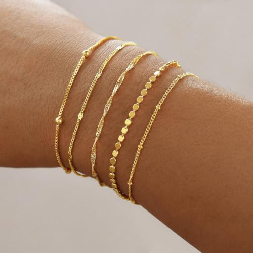 Gold Bracelets for Women, 14K Gold Plated Stackable Bracelet Set, Adjustable Charm Layered Jewelry Paperclip Chain Cuban Link Waterproof Bracelets Gifts