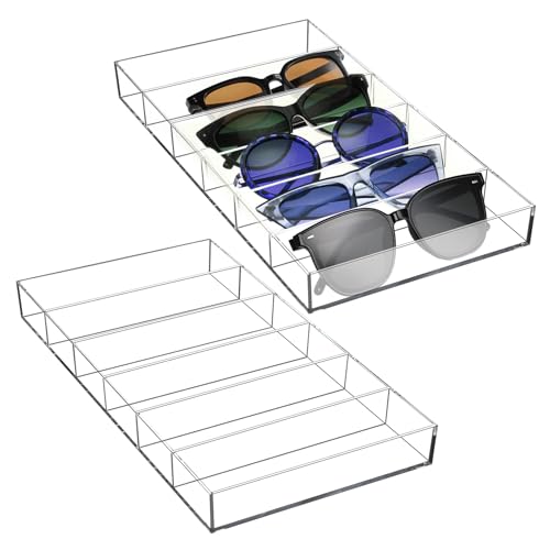 2 Pack Acrylic Sunglasses Organizer, Clear Eyeglasses Storage Case with 6 Slots, Stackable Display Tray for Eyewear, Jewelry, Makeup, 14.3x7x1.2 Inch