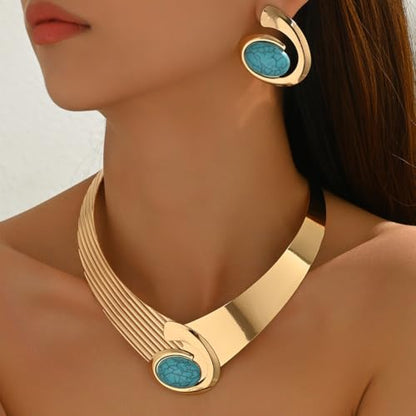 Gold Jewelry Set Vintage Spiral With Oval Black Acrylic Pendant Necklace Earrings Bracelet Ring Set Bohemian Trendy Party Jewelry For Women - style: B
